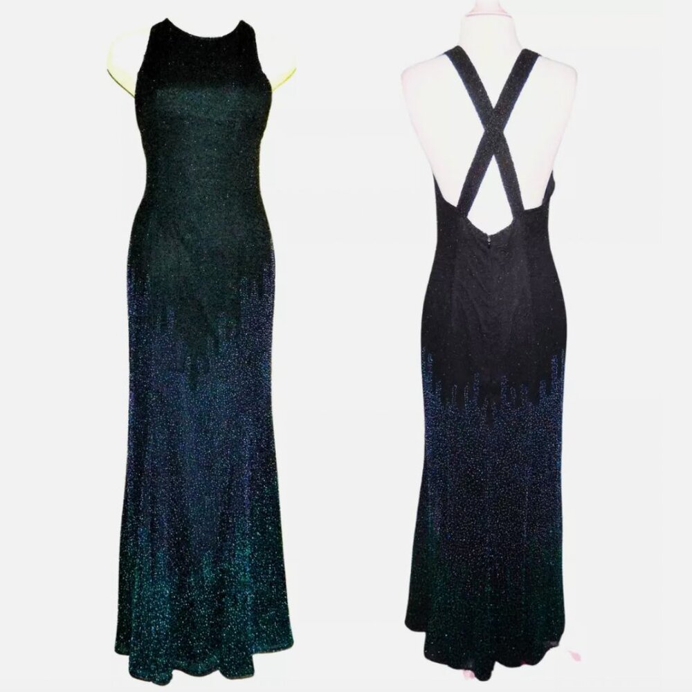 Cassandra Stone Fully Beaded Black Blue Ombre Silk Evening Gown - Size 2